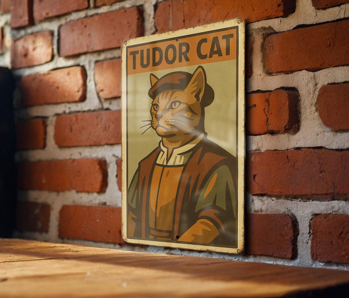 1930s Tudor Cat WPA Tin Sign – Vintage Metal Wall Art with Rustic Edges, Mid-Century Colors, Retro Heroic Style Decor — photo 2