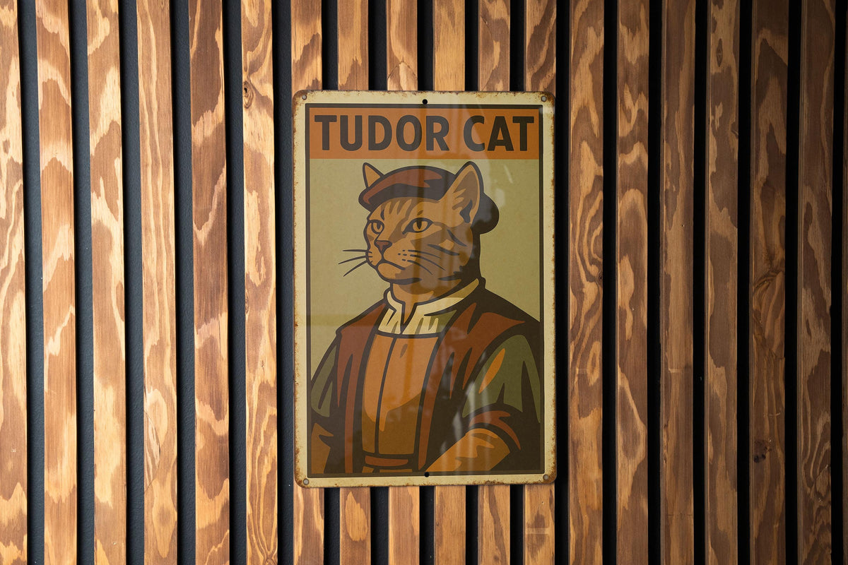 1930s Tudor Cat WPA Tin Sign – Vintage Metal Wall Art with Rustic Edges, Mid-Century Colors, Retro Heroic Style Decor — photo 3