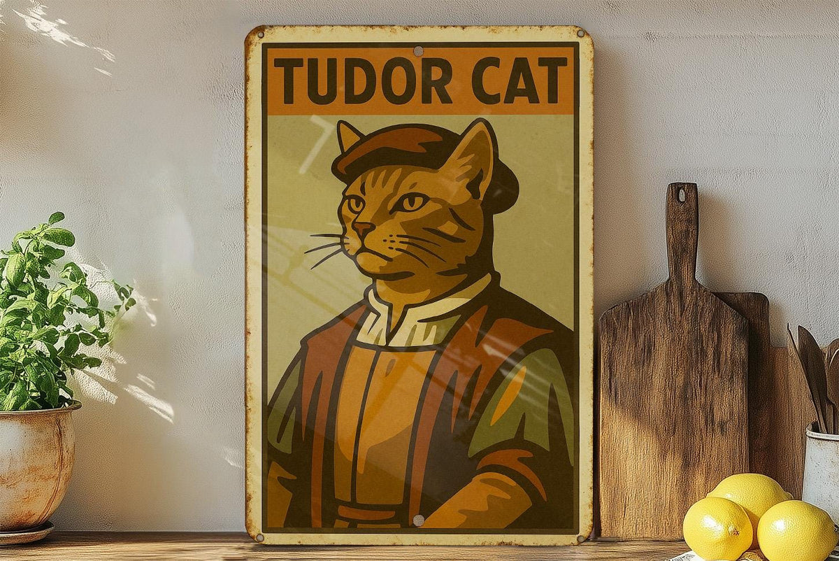 1930s Tudor Cat WPA Tin Sign – Vintage Metal Wall Art with Rustic Edges, Mid-Century Colors, Retro Heroic Style Decor — photo 4