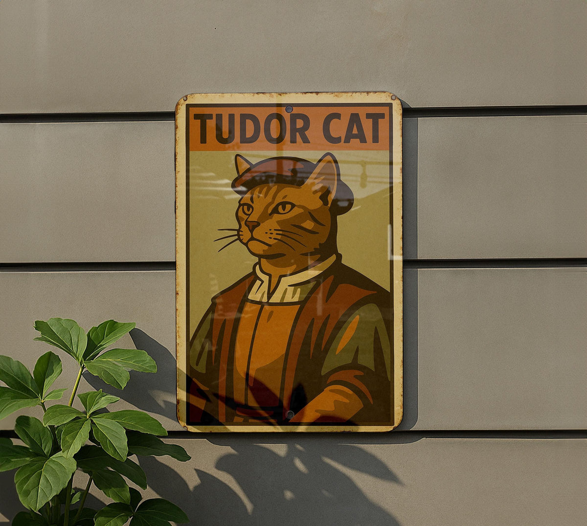 1930s Tudor Cat WPA Tin Sign – Vintage Metal Wall Art with Rustic Edges, Mid-Century Colors, Retro Heroic Style Decor — photo 5
