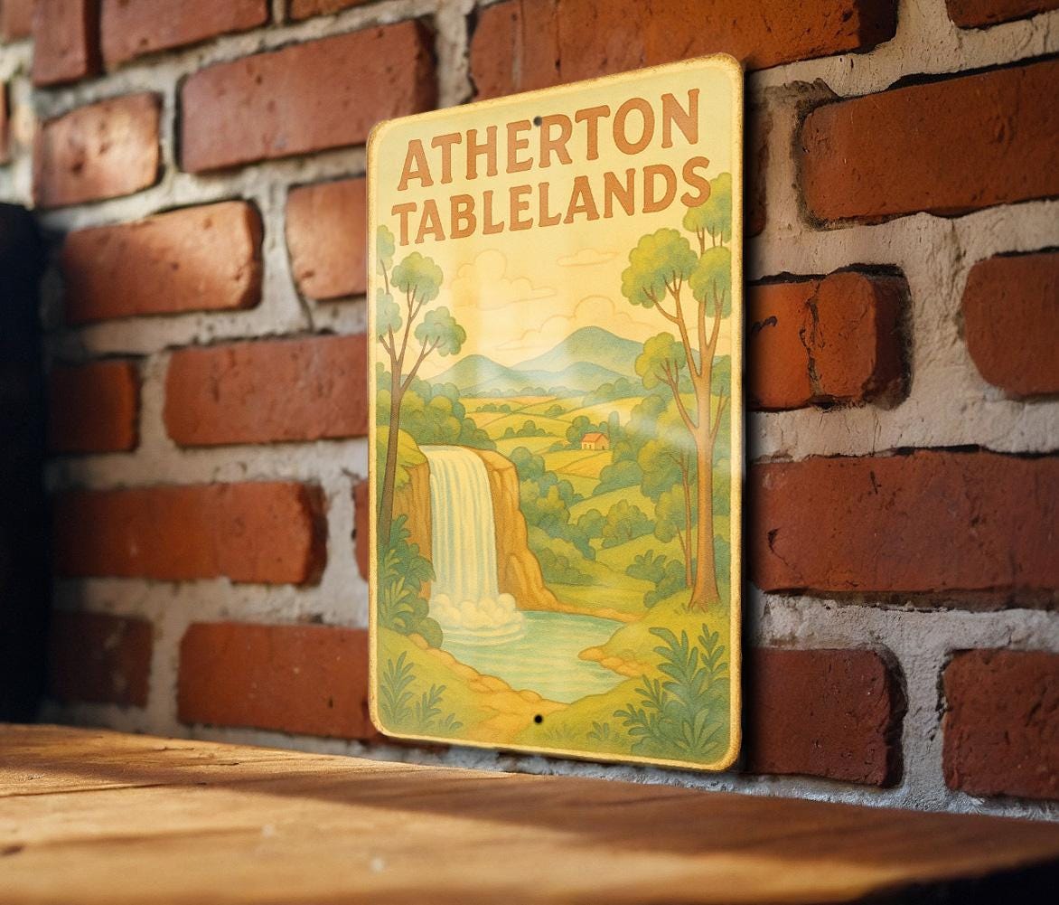 1950s Atherton Tablelands Tin Sign – Vintage Storybook Style, Pastel Metal Wall Art, Retro Australia Home Decor — photo 2