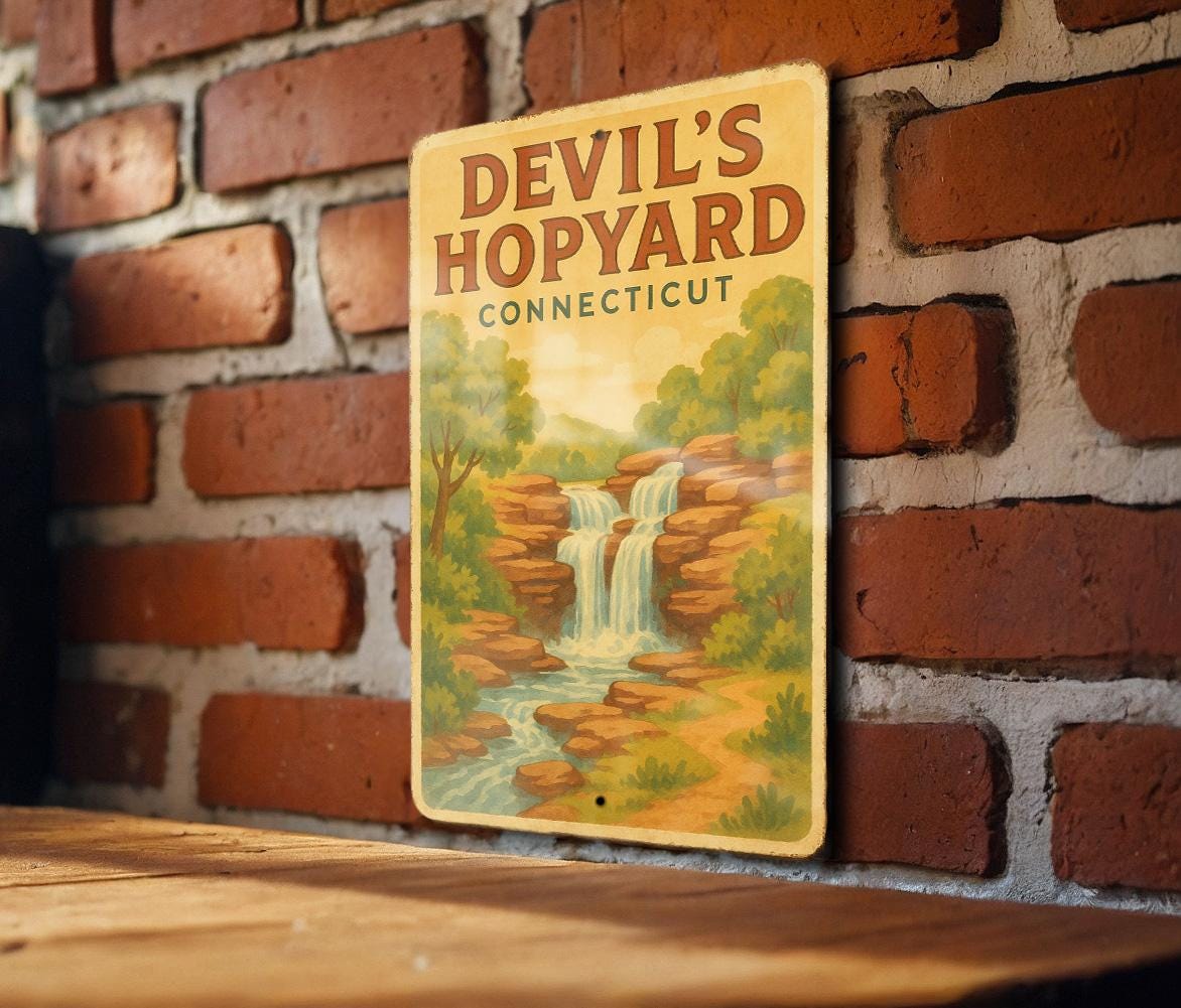 1950s Devil's Hopyard Tin Sign – Vintage Storybook Style, Pastel Colors, Cozy Retro Wall Decor, Distressed Metal Art — photo 1