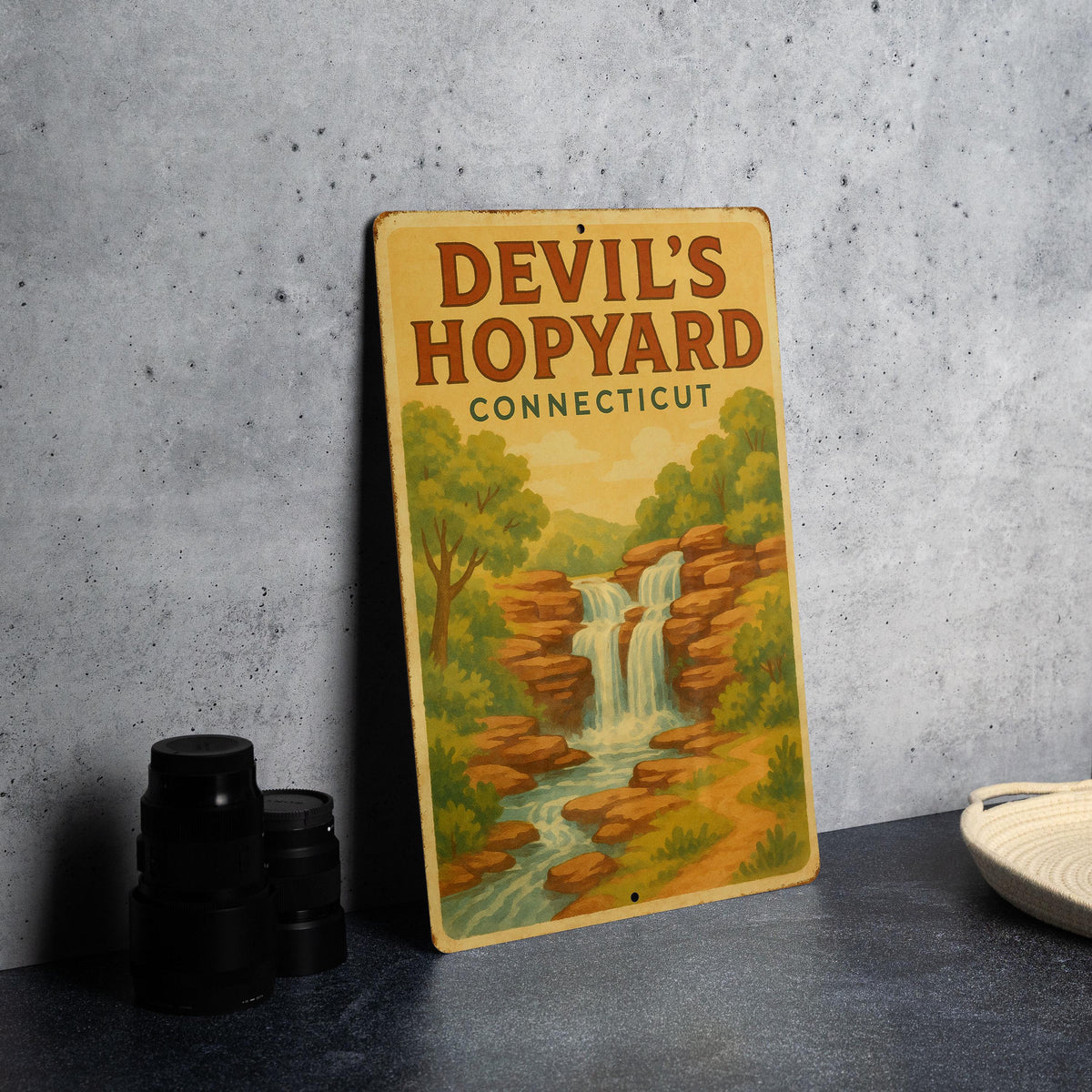 1950s Devil's Hopyard Tin Sign – Vintage Storybook Style, Pastel Colors, Cozy Retro Wall Decor, Distressed Metal Art — photo 2