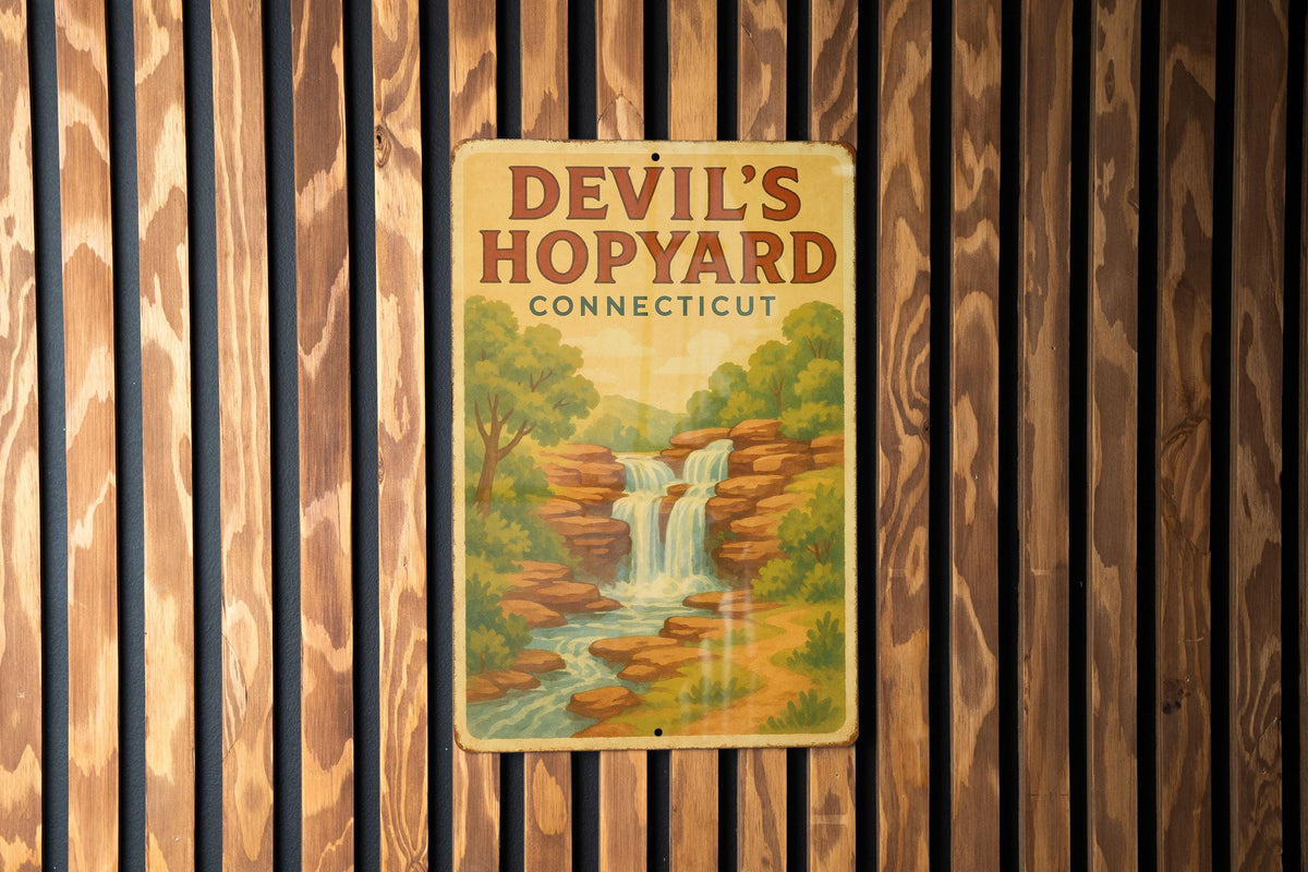 1950s Devil's Hopyard Tin Sign – Vintage Storybook Style, Pastel Colors, Cozy Retro Wall Decor, Distressed Metal Art — photo 3