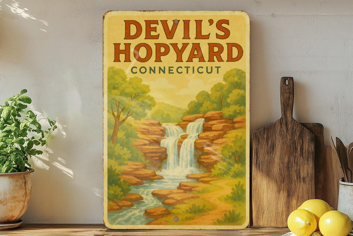 1950s Devil's Hopyard Tin Sign – Vintage Storybook Style, Pastel Colors, Cozy Retro Wall Decor, Distressed Metal Art — photo 4