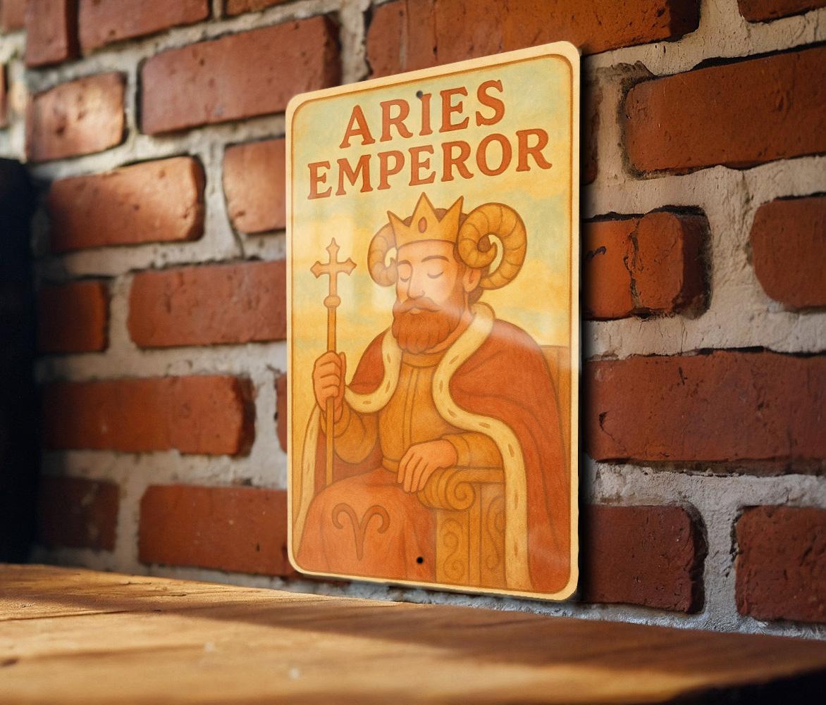 1950s Aries Emperor Tin Sign – Vintage Storybook Style, Pastel Metal Wall Art, Cozy Retro Zodiac Decor, Lightly Aged Edges — photo 1