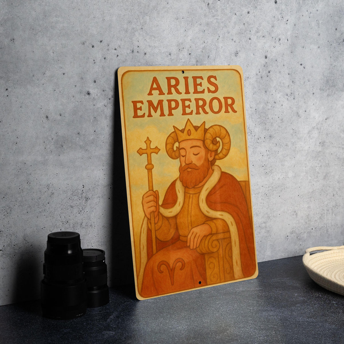 1950s Aries Emperor Tin Sign – Vintage Storybook Style, Pastel Metal Wall Art, Cozy Retro Zodiac Decor, Lightly Aged Edges — photo 2