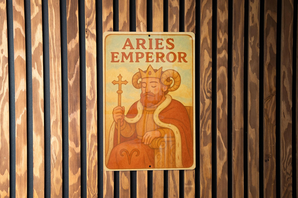 1950s Aries Emperor Tin Sign – Vintage Storybook Style, Pastel Metal Wall Art, Cozy Retro Zodiac Decor, Lightly Aged Edges — photo 3