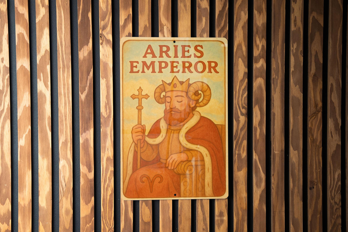 1950s Aries Emperor Tin Sign – Vintage Storybook Style, Pastel Metal Wall Art, Cozy Retro Zodiac Decor, Lightly Aged Edges — photo 3