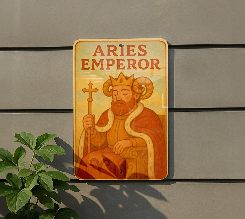 1950s Aries Emperor Tin Sign – Vintage Storybook Style, Pastel Metal Wall Art, Cozy Retro Zodiac Decor, Lightly Aged Edges — photo 5