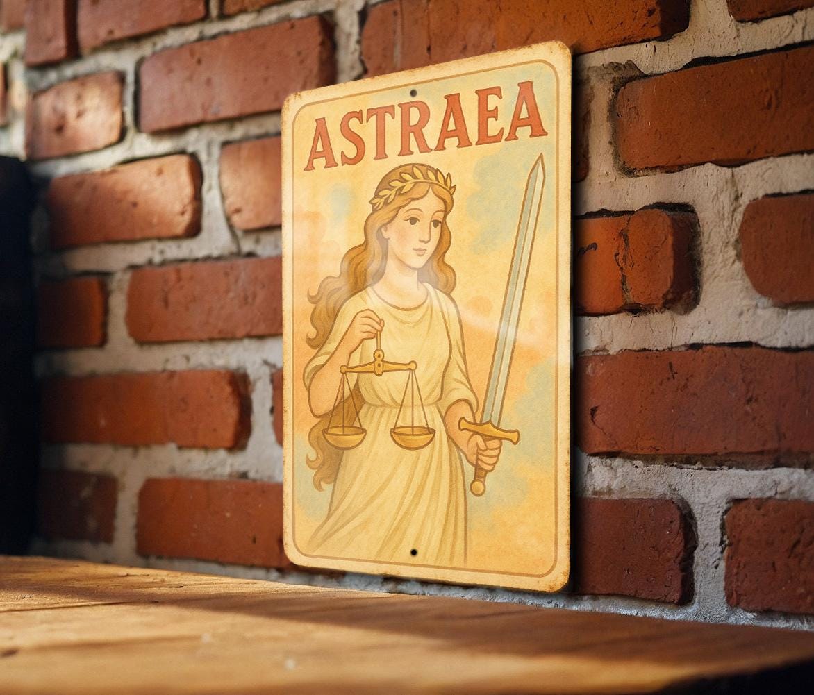 1950s Storybook Tin Sign of Astraea Goddess – Pastel Vintage Metal Wall Art, Cozy Retro Decor, Soft Edges, Mythology Sign — photo 2