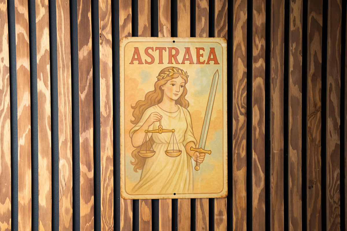 1950s Storybook Tin Sign of Astraea Goddess – Pastel Vintage Metal Wall Art, Cozy Retro Decor, Soft Edges, Mythology Sign — photo 3