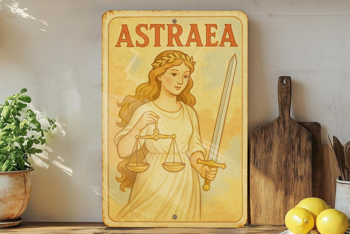 1950s Storybook Tin Sign of Astraea Goddess – Pastel Vintage Metal Wall Art, Cozy Retro Decor, Soft Edges, Mythology Sign — photo 4
