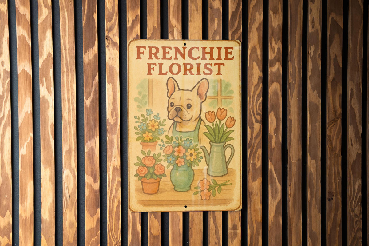 1950s Storybook Frenchie Florist Tin Sign – Vintage Pastel Metal Wall Art, Cozy Retro Decor, Lightly Aged Edges — photo 1