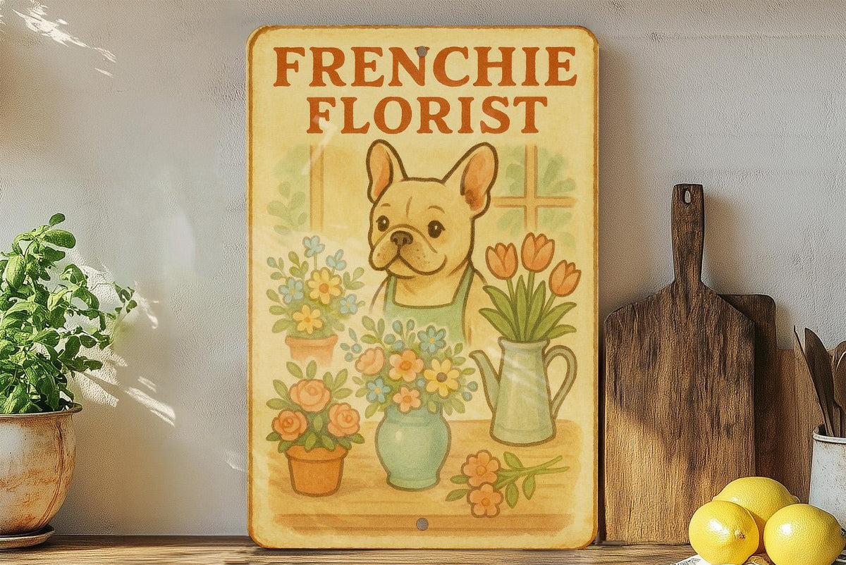 1950s Storybook Frenchie Florist Tin Sign – Vintage Pastel Metal Wall Art, Cozy Retro Decor, Lightly Aged Edges — photo 4