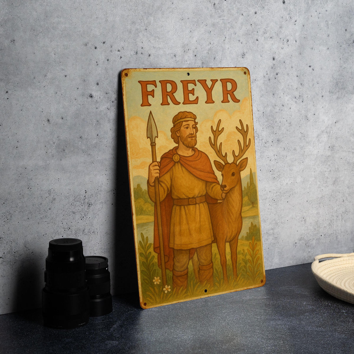 1950s Freyr Storybook Tin Sign – Vintage Norse God Wall Art, Pastel Metal Decor, Cozy Nordic Style, Soft Retro Illustration — photo 1