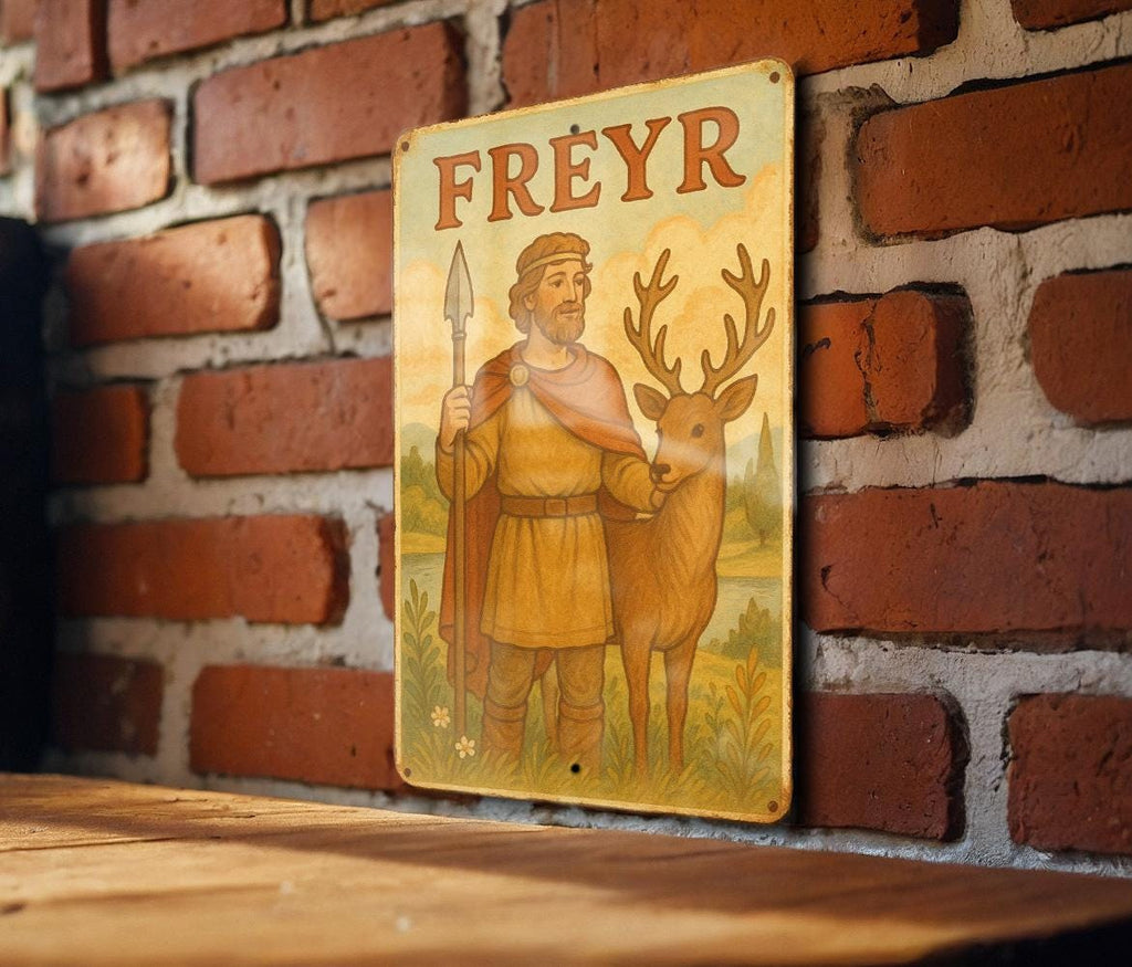 1950s Freyr Storybook Tin Sign – Vintage Norse God Wall Art, Pastel Metal Decor, Cozy Nordic Style, Soft Retro Illustration — photo 2