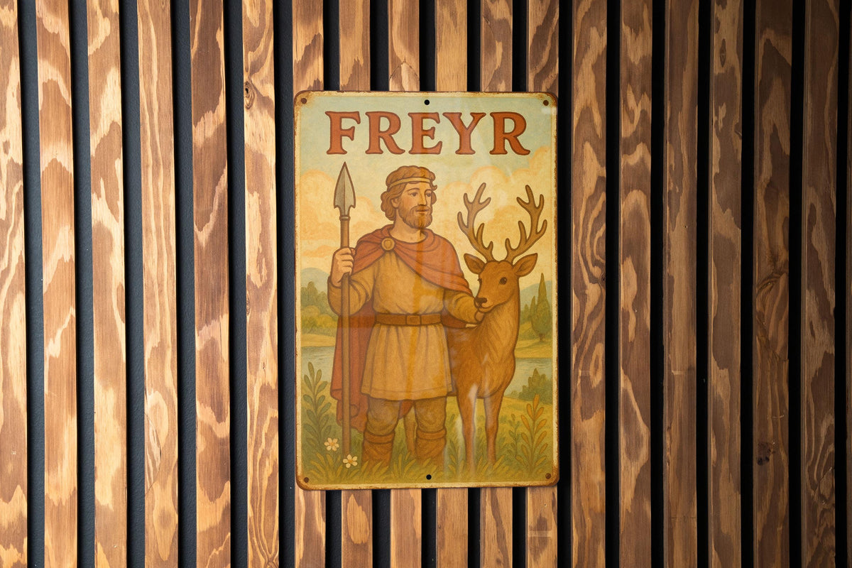 1950s Freyr Storybook Tin Sign – Vintage Norse God Wall Art, Pastel Metal Decor, Cozy Nordic Style, Soft Retro Illustration — photo 3