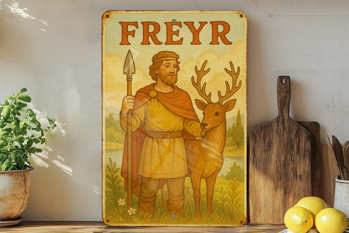 1950s Freyr Storybook Tin Sign – Vintage Norse God Wall Art, Pastel Metal Decor, Cozy Nordic Style, Soft Retro Illustration — photo 4