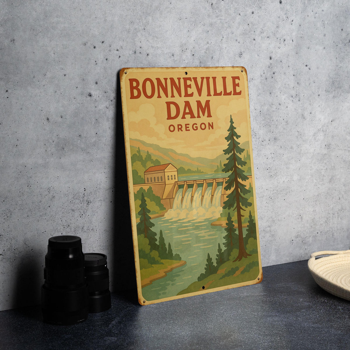 1950s Bonneville Dam Oregon Tin Sign – Vintage Storybook Style, Warm Pastels, Retro Wall Art, Cozy Metal Decor — photo 1