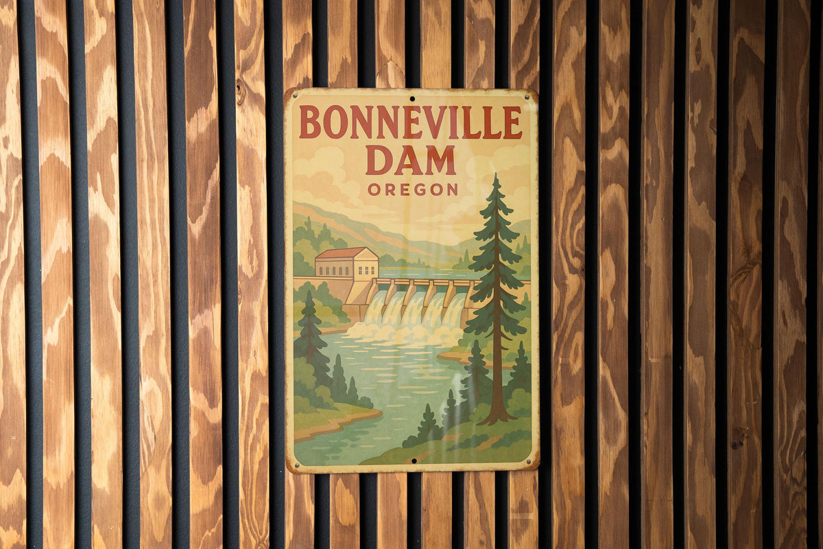1950s Bonneville Dam Oregon Tin Sign – Vintage Storybook Style, Warm Pastels, Retro Wall Art, Cozy Metal Decor — photo 3