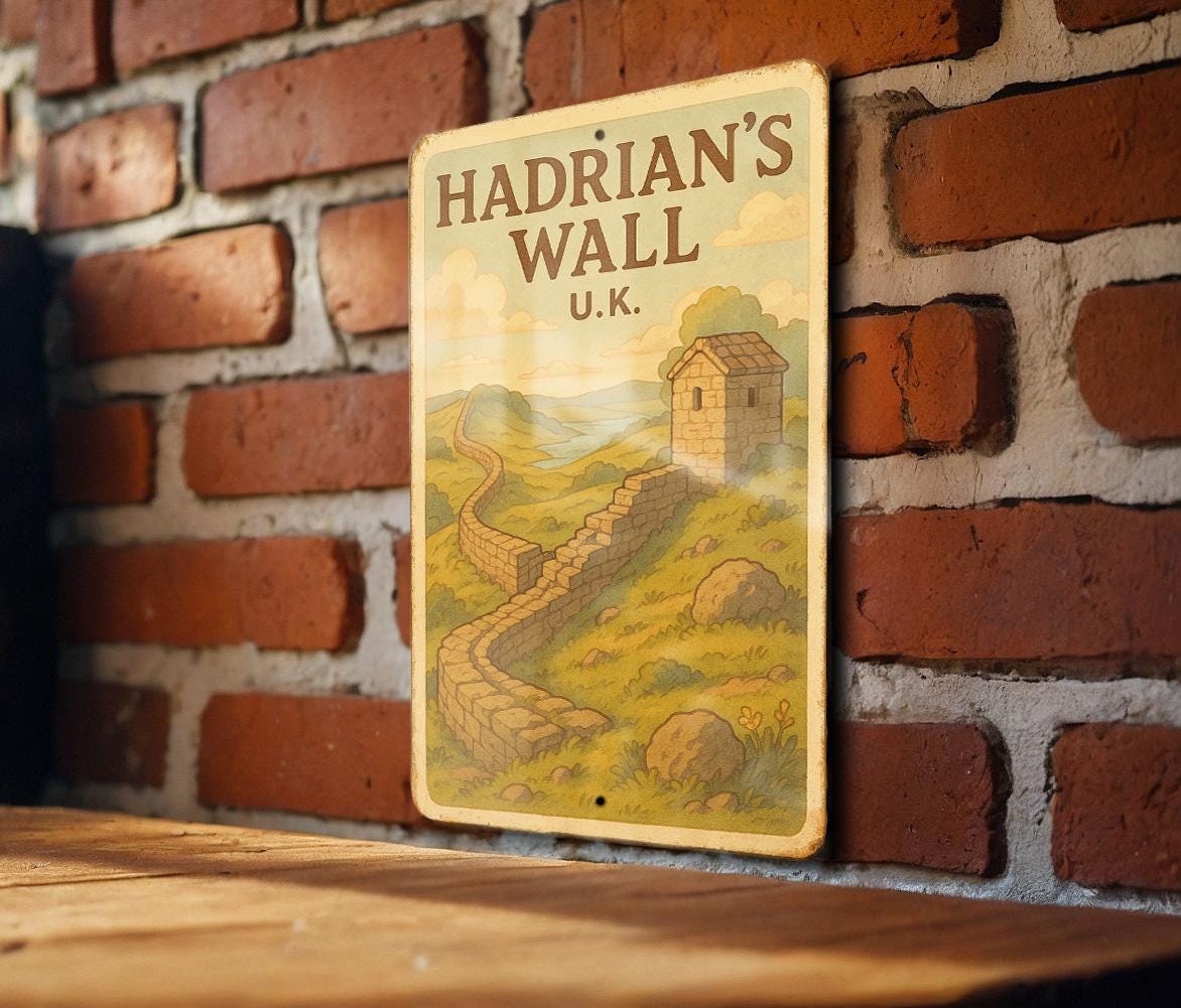 1950s Hadrian's Wall Tin Sign – Vintage Storybook Style Metal Art, Pastel Colors, Rustic UK Travel Decor, Cozy Retro Wall Sign — photo 3