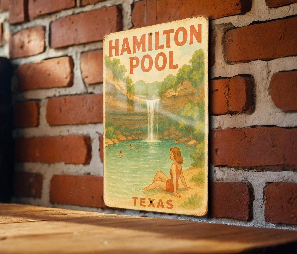 1950s Hamilton Pool Texas Tin Sign – Vintage Storybook Style Metal Wall Art, Pastel Colors, Cozy Retro Decor — photo 2