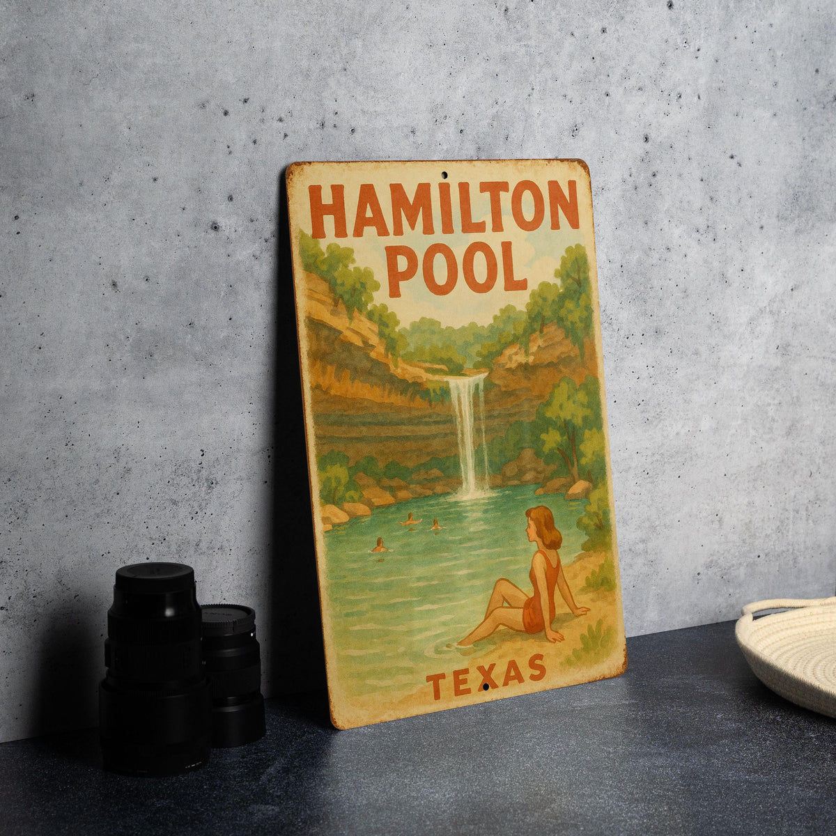1950s Hamilton Pool Texas Tin Sign – Vintage Storybook Style Metal Wall Art, Pastel Colors, Cozy Retro Decor — photo 3