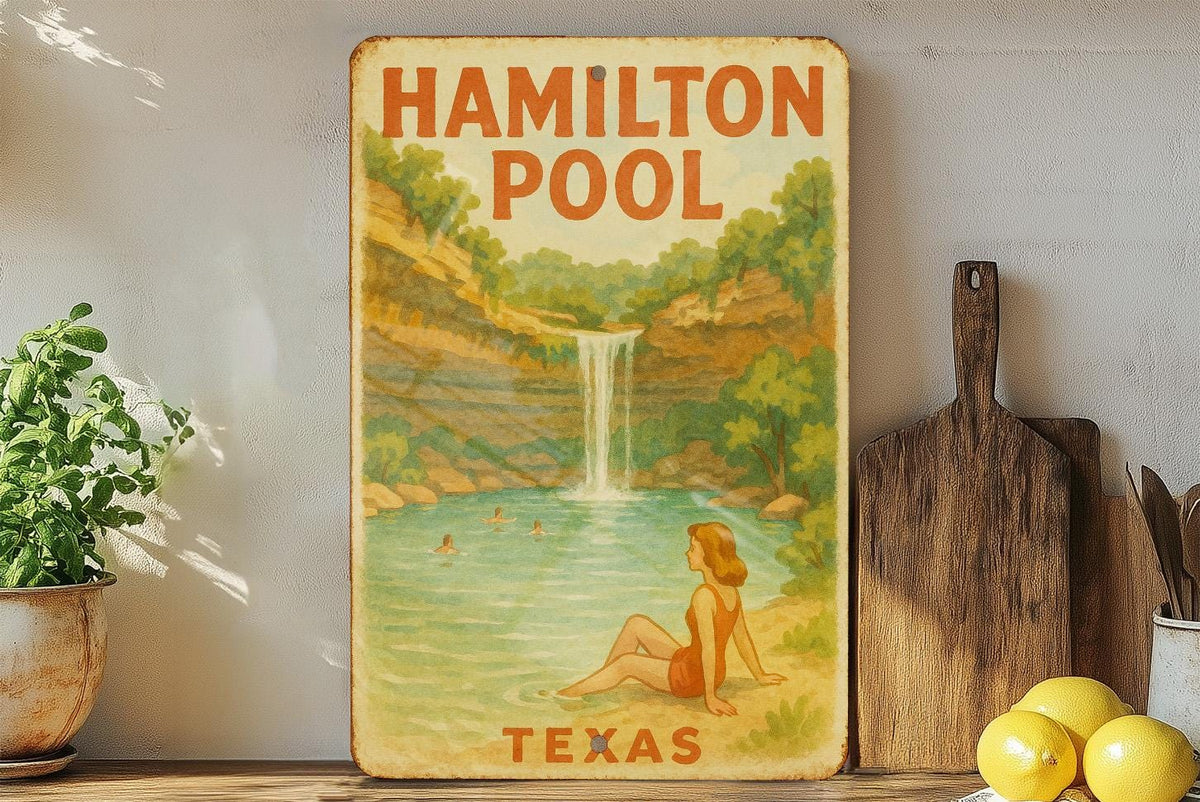 1950s Hamilton Pool Texas Tin Sign – Vintage Storybook Style Metal Wall Art, Pastel Colors, Cozy Retro Decor — photo 4