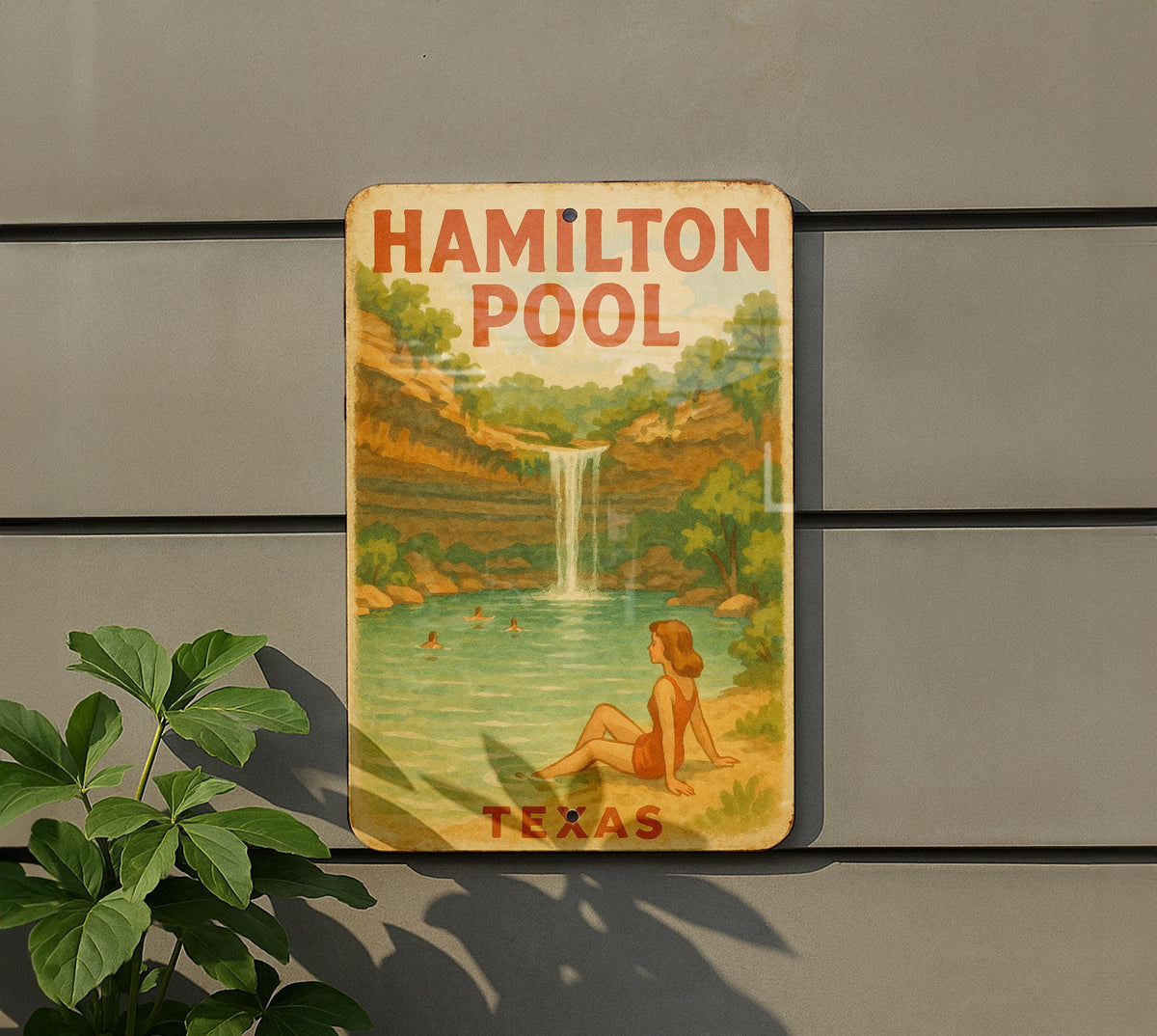 1950s Hamilton Pool Texas Tin Sign – Vintage Storybook Style Metal Wall Art, Pastel Colors, Cozy Retro Decor — photo 5
