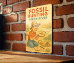 1950s Fossil Hunting Tin Sign – Storybook Style Metal Wall Art, Green River Scene, Vintage Pastel Decor, Retro Cozy Aesthetic — photo 1