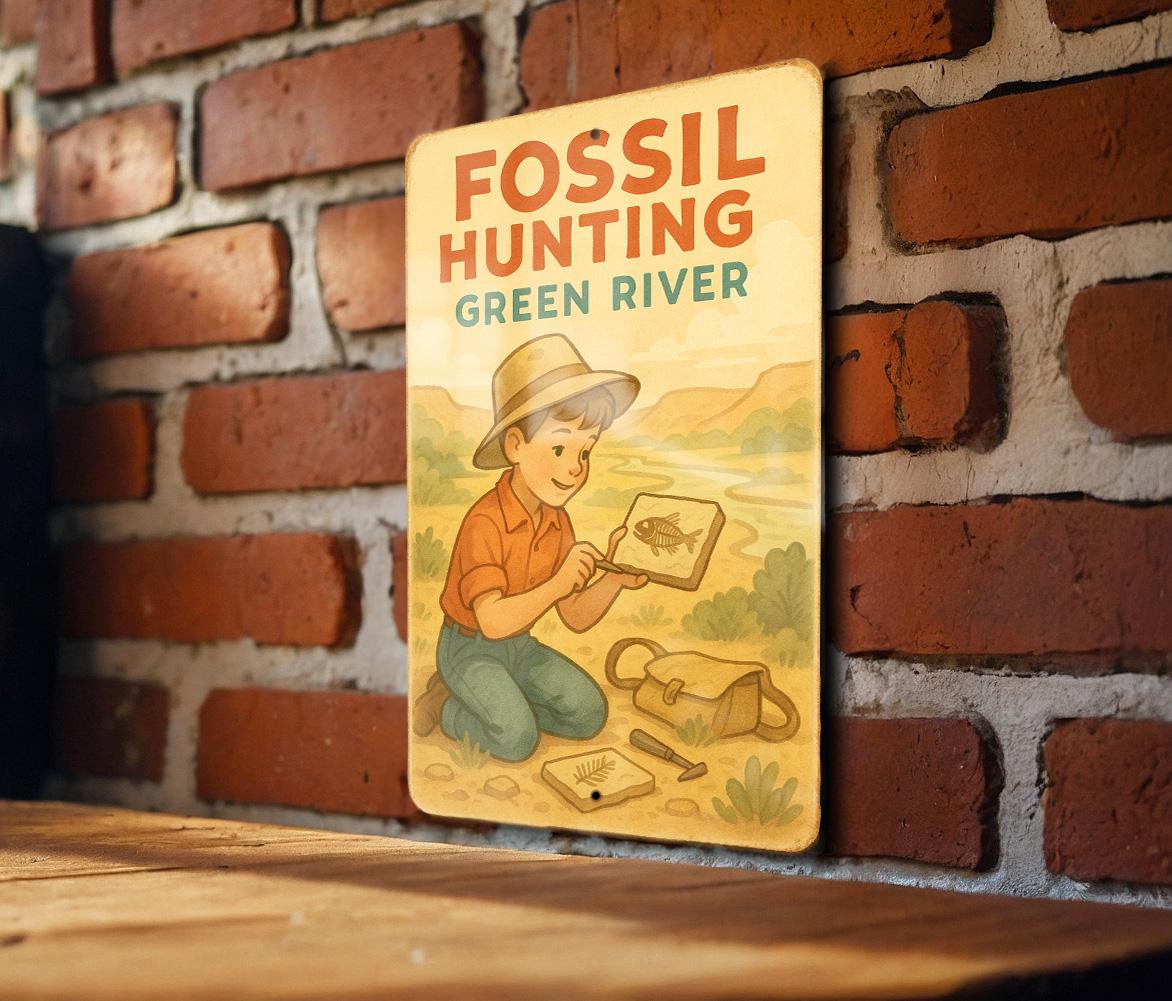 1950s Fossil Hunting Tin Sign – Storybook Style Metal Wall Art, Green River Scene, Vintage Pastel Decor, Retro Cozy Aesthetic — photo 1