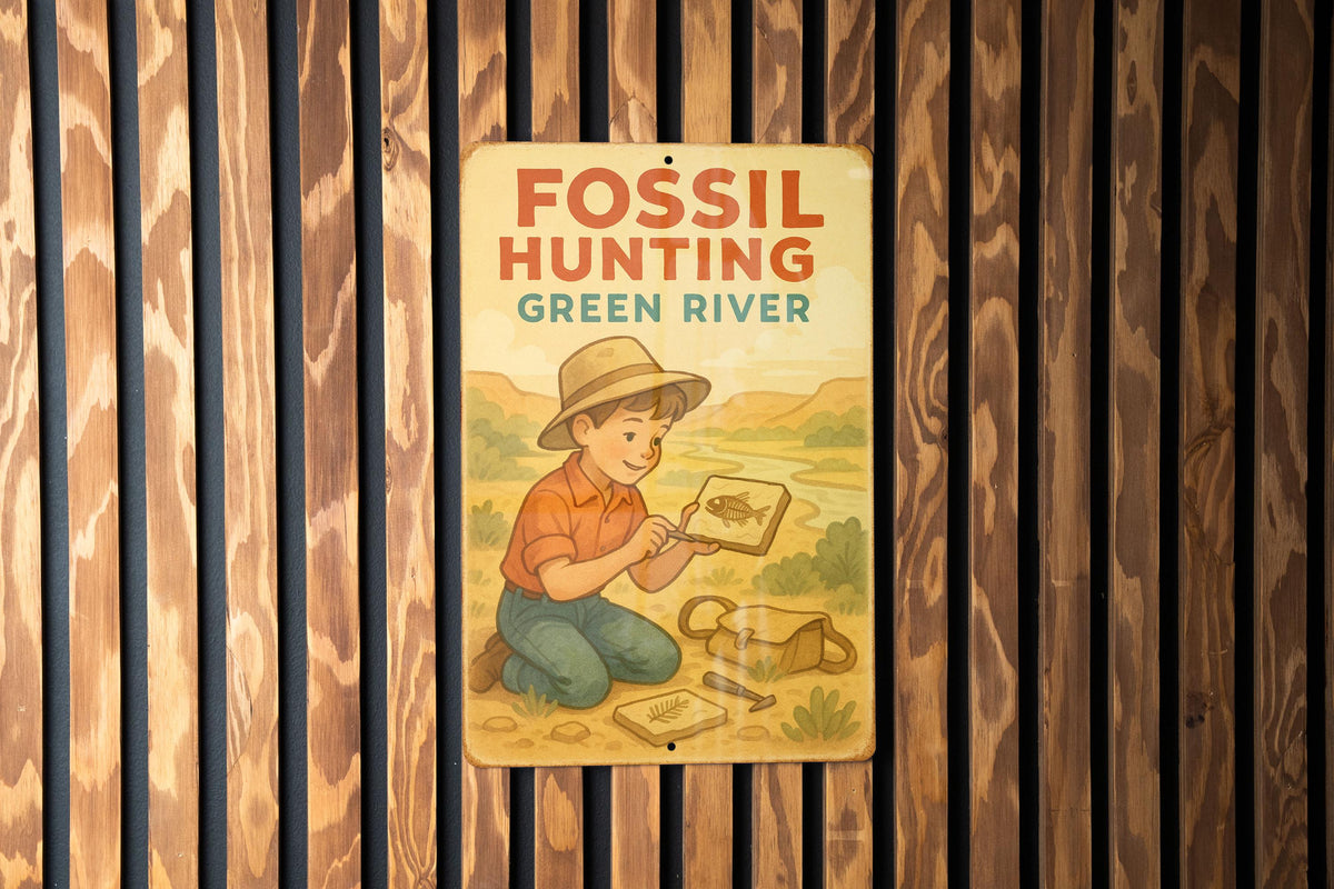 1950s Fossil Hunting Tin Sign – Storybook Style Metal Wall Art, Green River Scene, Vintage Pastel Decor, Retro Cozy Aesthetic — photo 2