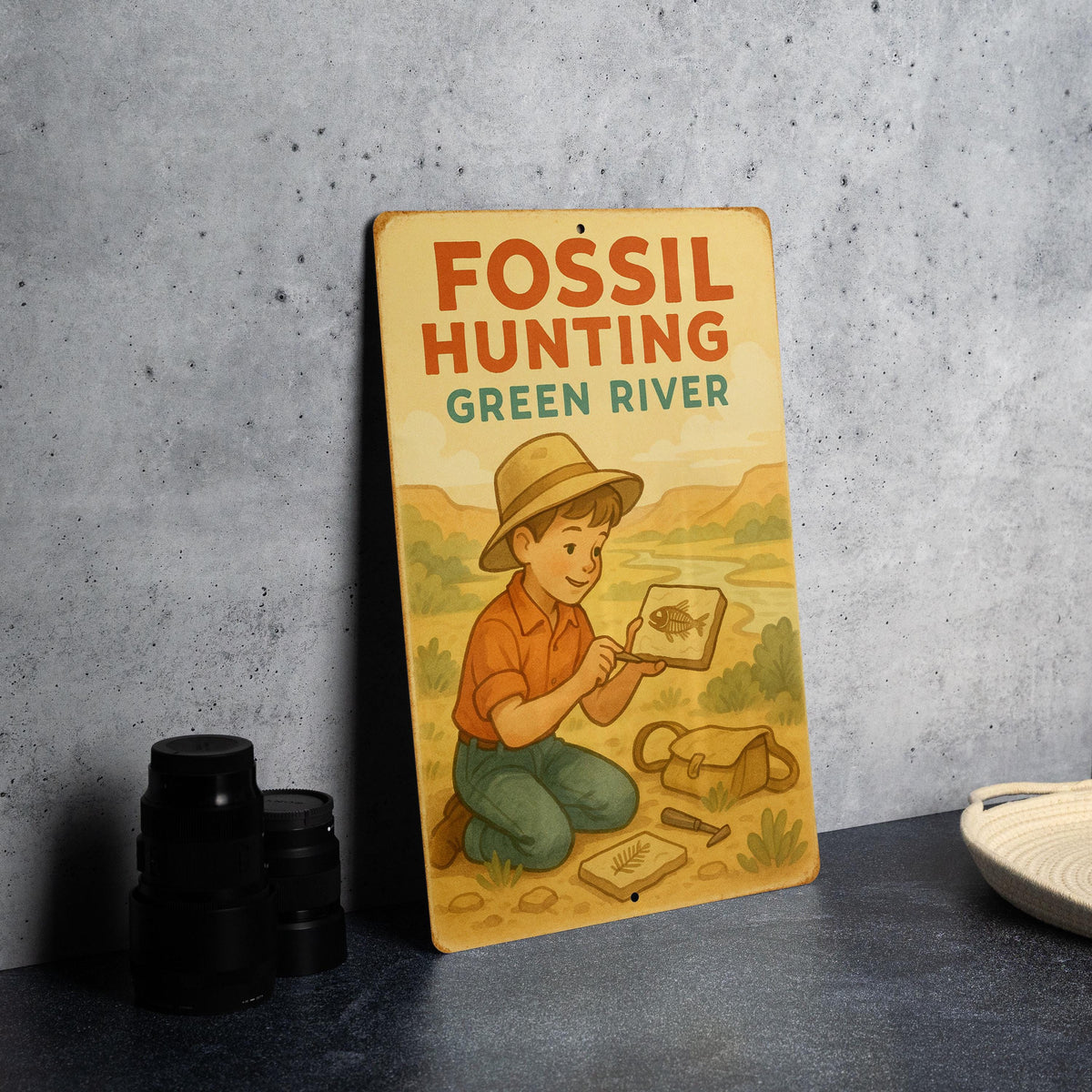 1950s Fossil Hunting Tin Sign – Storybook Style Metal Wall Art, Green River Scene, Vintage Pastel Decor, Retro Cozy Aesthetic — photo 3