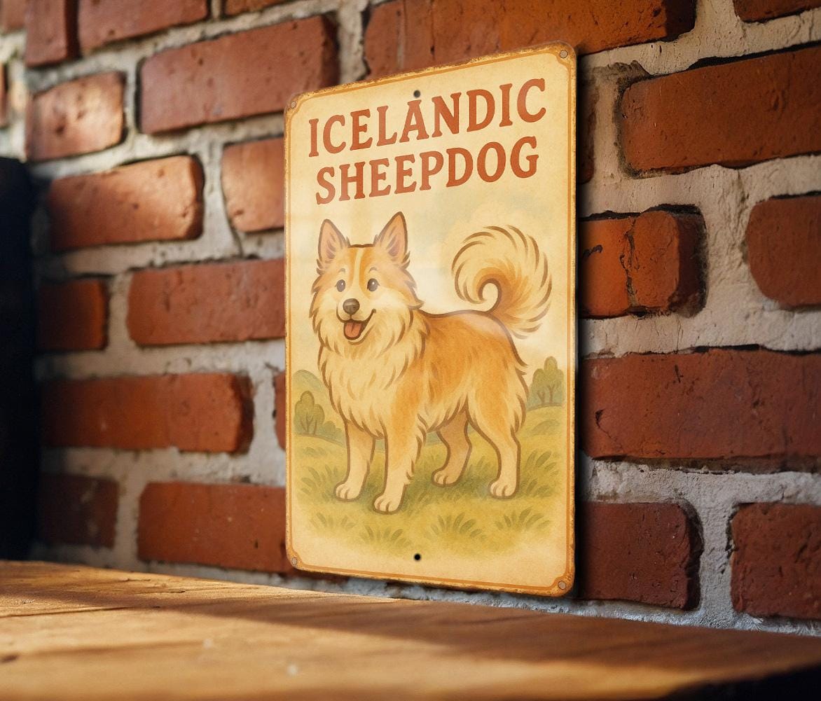 1950s Icelandic Sheepdog Tin Sign – Vintage Storybook Style, Pastel Metal Wall Art, Retro Dog Decor, Cozy Farmhouse Accent — photo 2