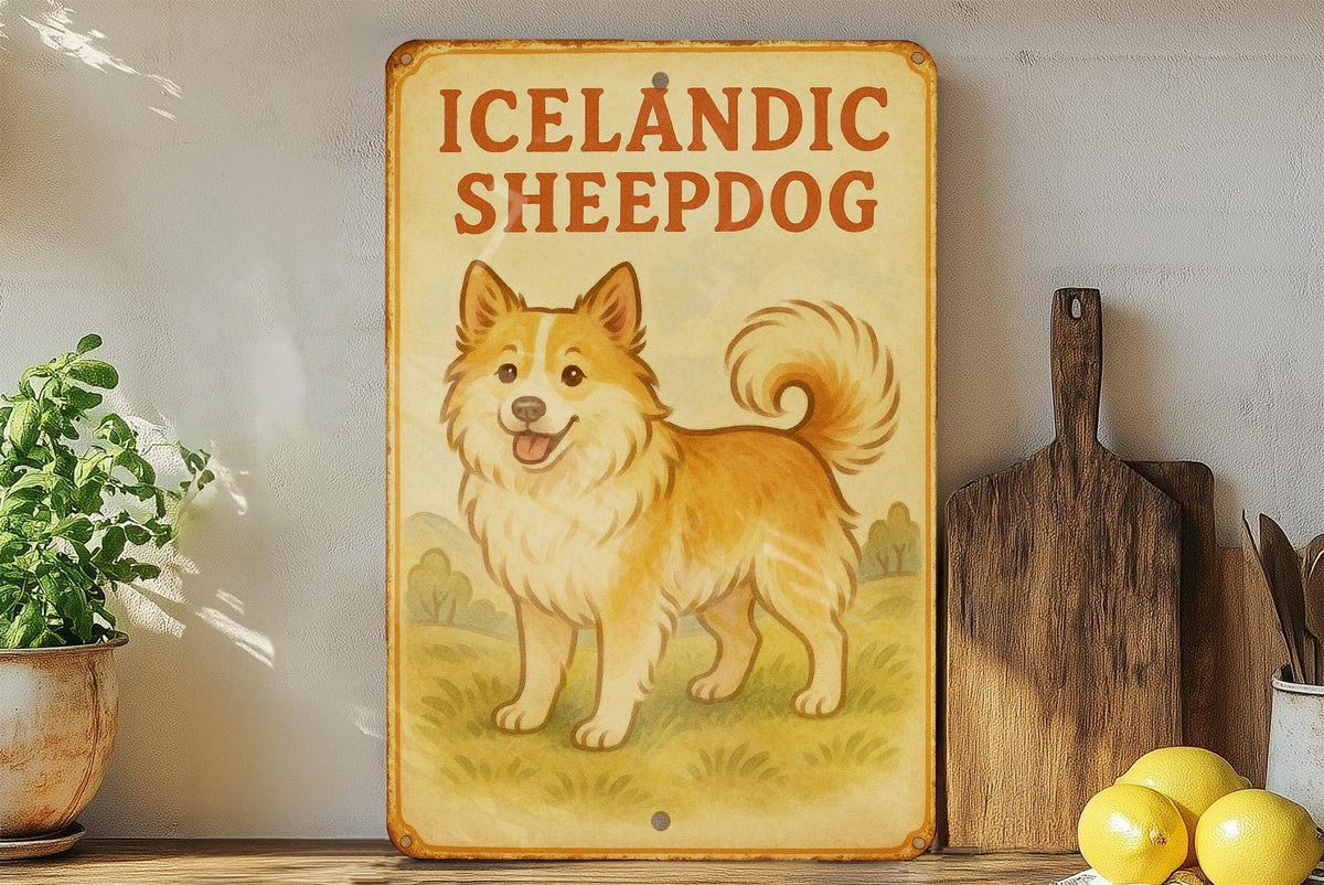 1950s Icelandic Sheepdog Tin Sign – Vintage Storybook Style, Pastel Metal Wall Art, Retro Dog Decor, Cozy Farmhouse Accent — photo 4