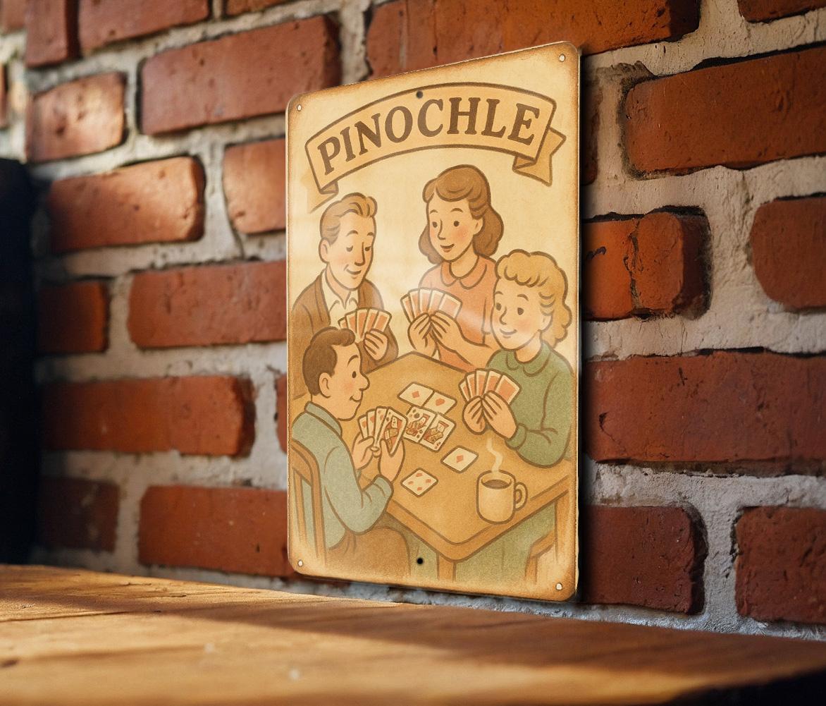1950s Storybook Pinochle Tin Sign – Vintage Pastel Metal Wall Art, Cozy Retro Decor, Lightly Aged Edges, Soft Illustration — photo 1