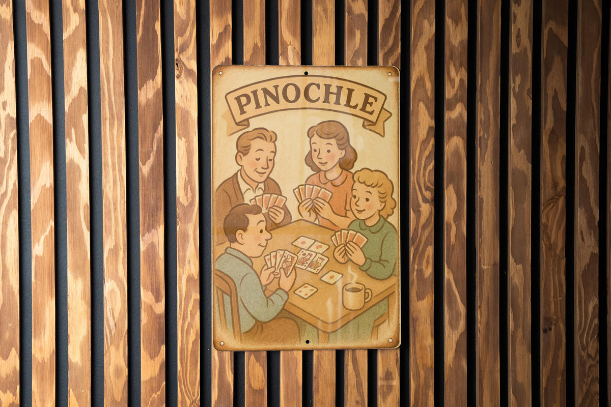 1950s Storybook Pinochle Tin Sign – Vintage Pastel Metal Wall Art, Cozy Retro Decor, Lightly Aged Edges, Soft Illustration — photo 2