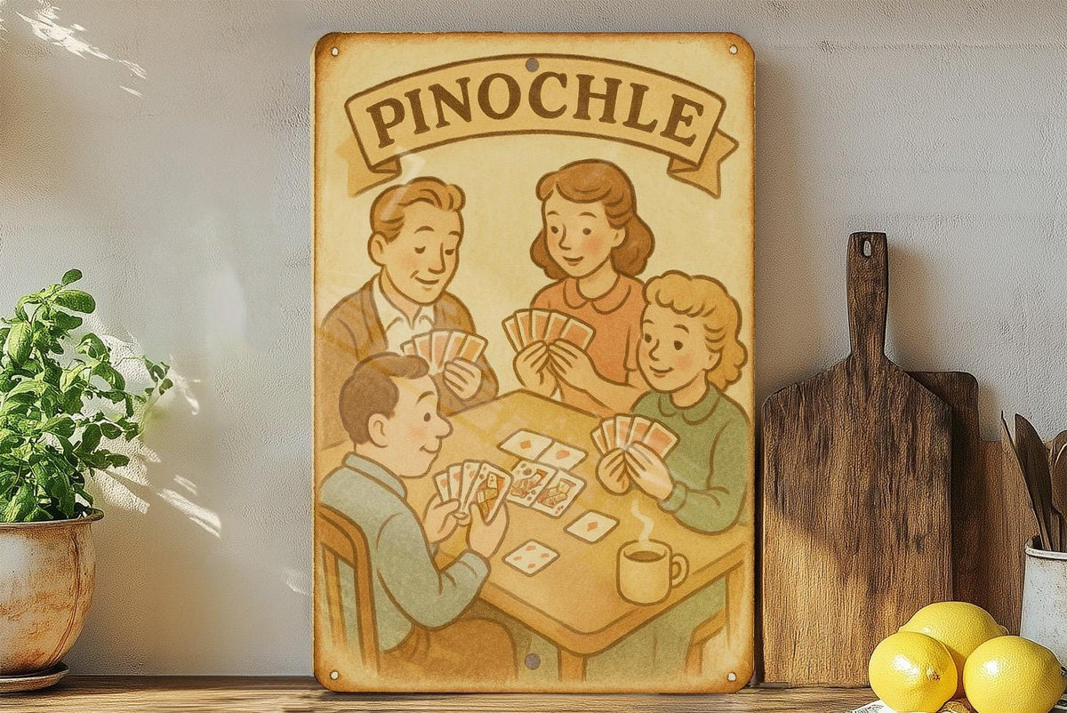 1950s Storybook Pinochle Tin Sign – Vintage Pastel Metal Wall Art, Cozy Retro Decor, Lightly Aged Edges, Soft Illustration — photo 4