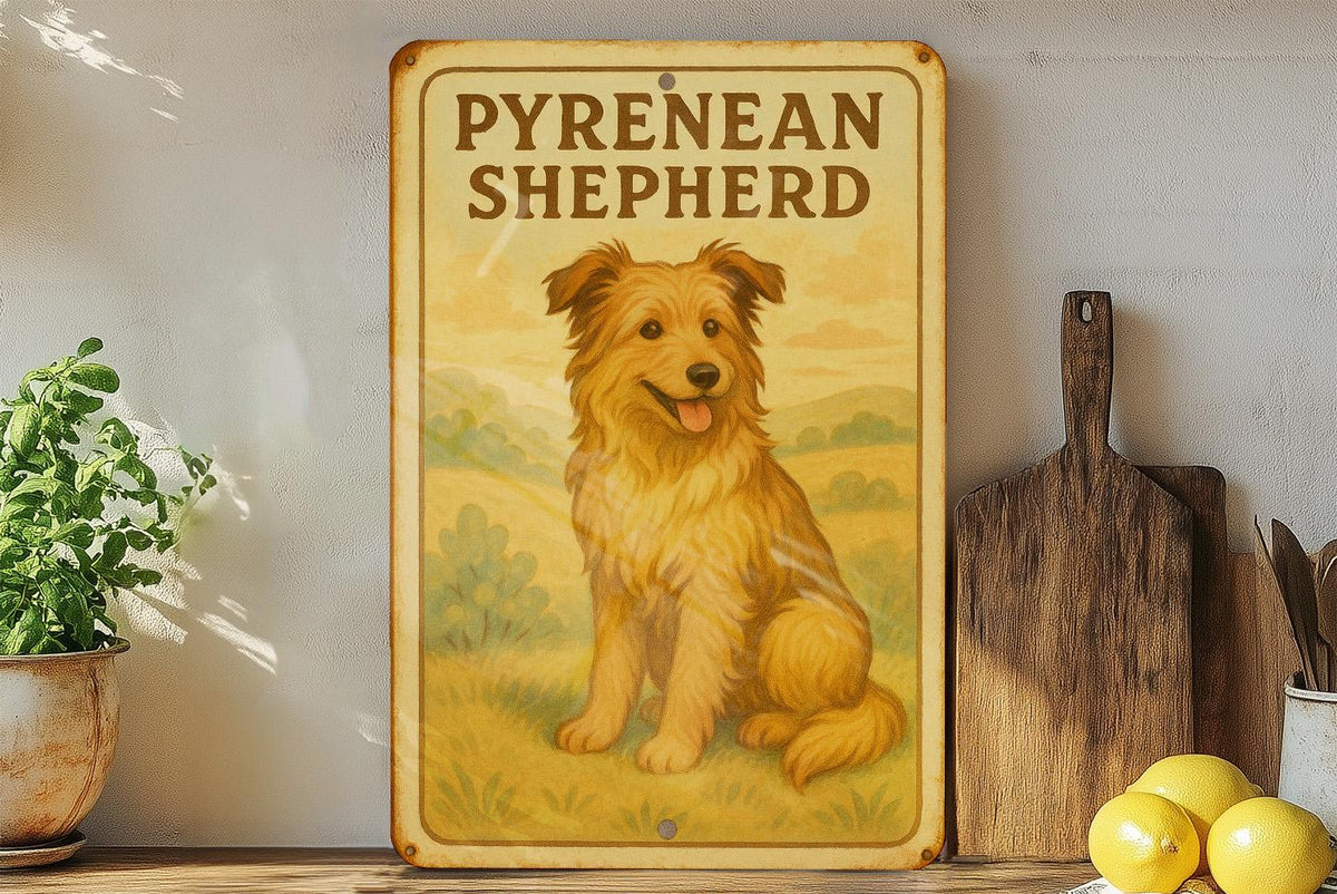 1950s Pyrenean Shepherd Tin Sign – Vintage Storybook Style Metal Wall Art, Pastel Colors, Cozy Farmhouse Decor, Aged Edges — photo 4