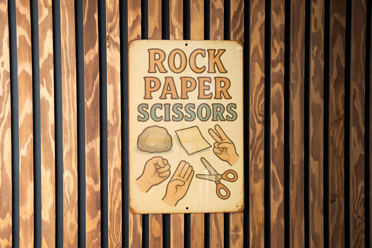 1950s Storybook Rock Paper Scissors Tin Sign – Vintage Pastel Metal Wall Art, Cozy Retro Decor, Soft Edges, Nostalgic Style — photo 3