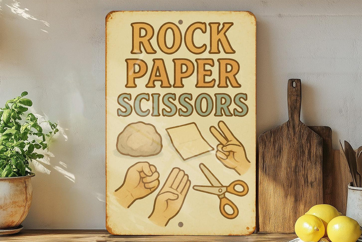 1950s Storybook Rock Paper Scissors Tin Sign – Vintage Pastel Metal Wall Art, Cozy Retro Decor, Soft Edges, Nostalgic Style — photo 4