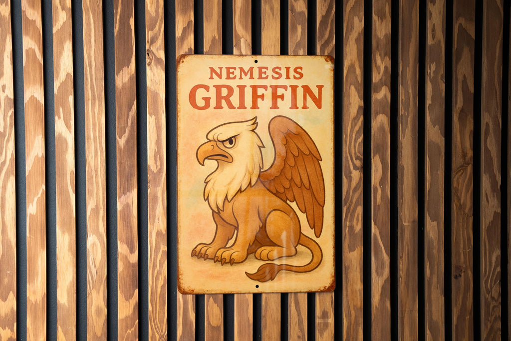 1950s Storybook Tin Sign – Nemesis Griffin Art, Pastel Vintage Metal Wall Decor, Cozy Retro Illustration, Aged Edges — photo 2