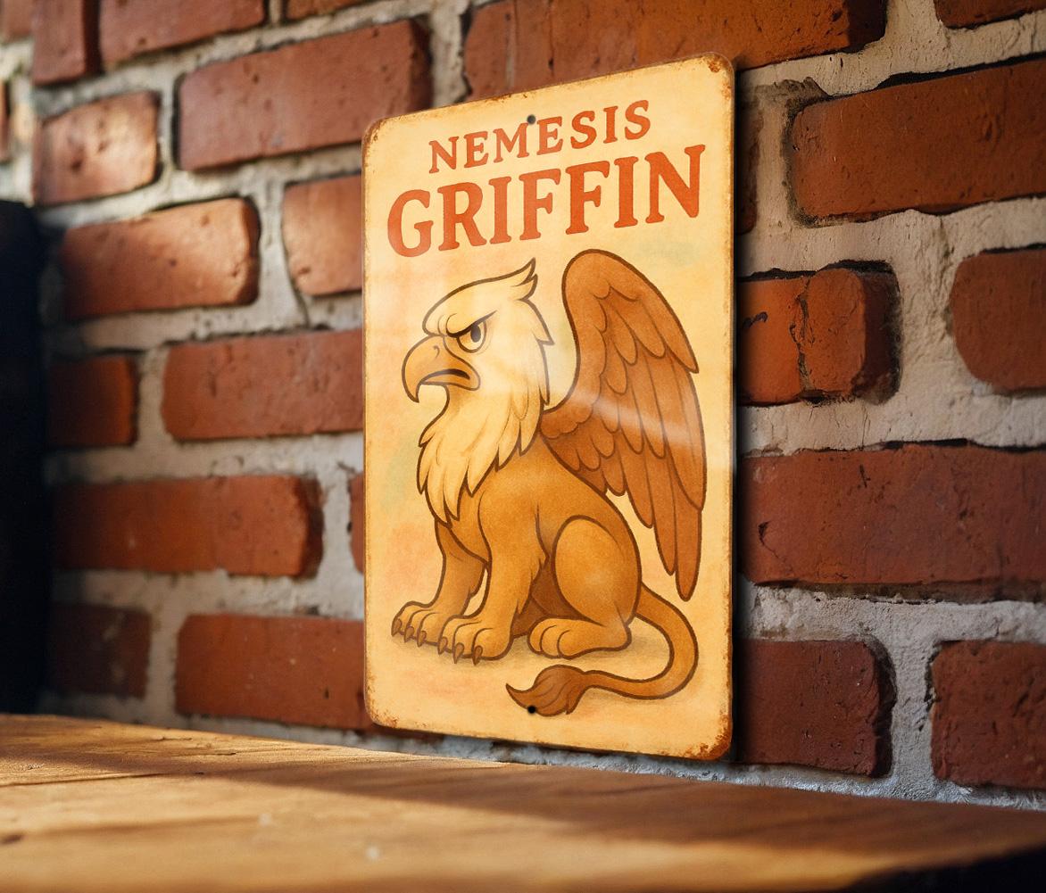 1950s Storybook Tin Sign – Nemesis Griffin Art, Pastel Vintage Metal Wall Decor, Cozy Retro Illustration, Aged Edges — photo 3