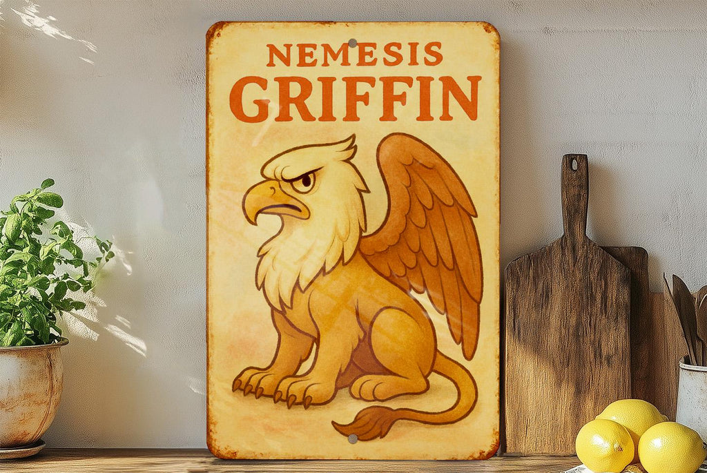 1950s Storybook Tin Sign – Nemesis Griffin Art, Pastel Vintage Metal Wall Decor, Cozy Retro Illustration, Aged Edges — photo 4