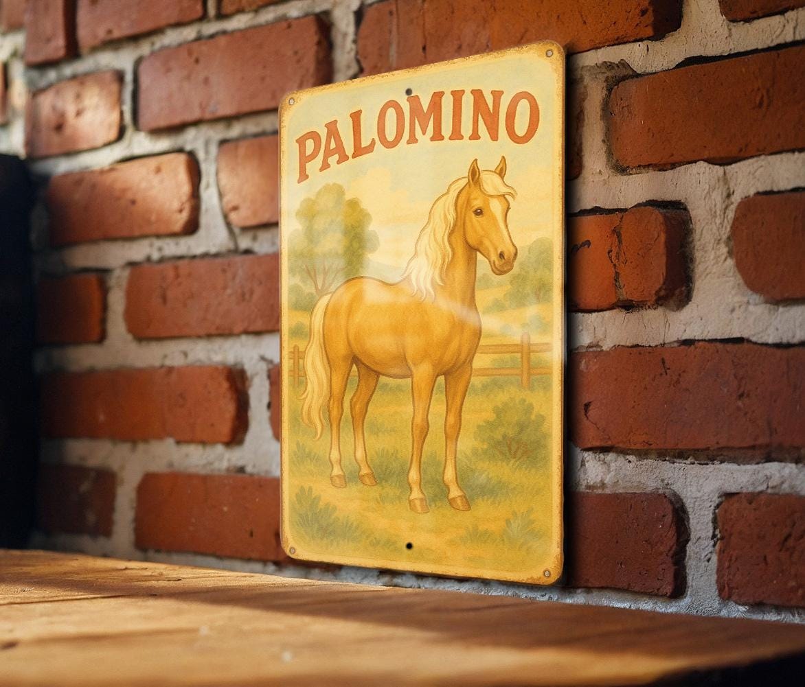 1950s Storybook Palomino Tin Sign – Vintage Pastel Horse Art, Cozy Retro Nursery Decor, Aged Metal Wall Sign — photo 1
