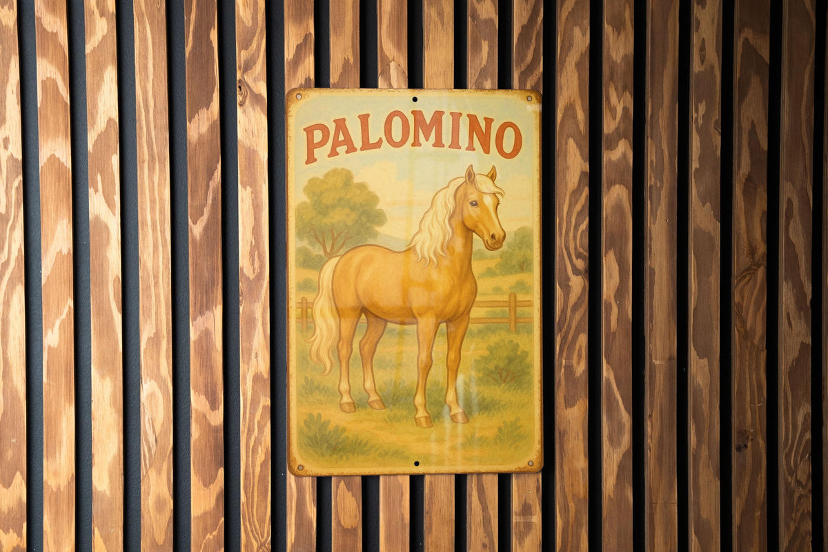 1950s Storybook Palomino Tin Sign – Vintage Pastel Horse Art, Cozy Retro Nursery Decor, Aged Metal Wall Sign — photo 3