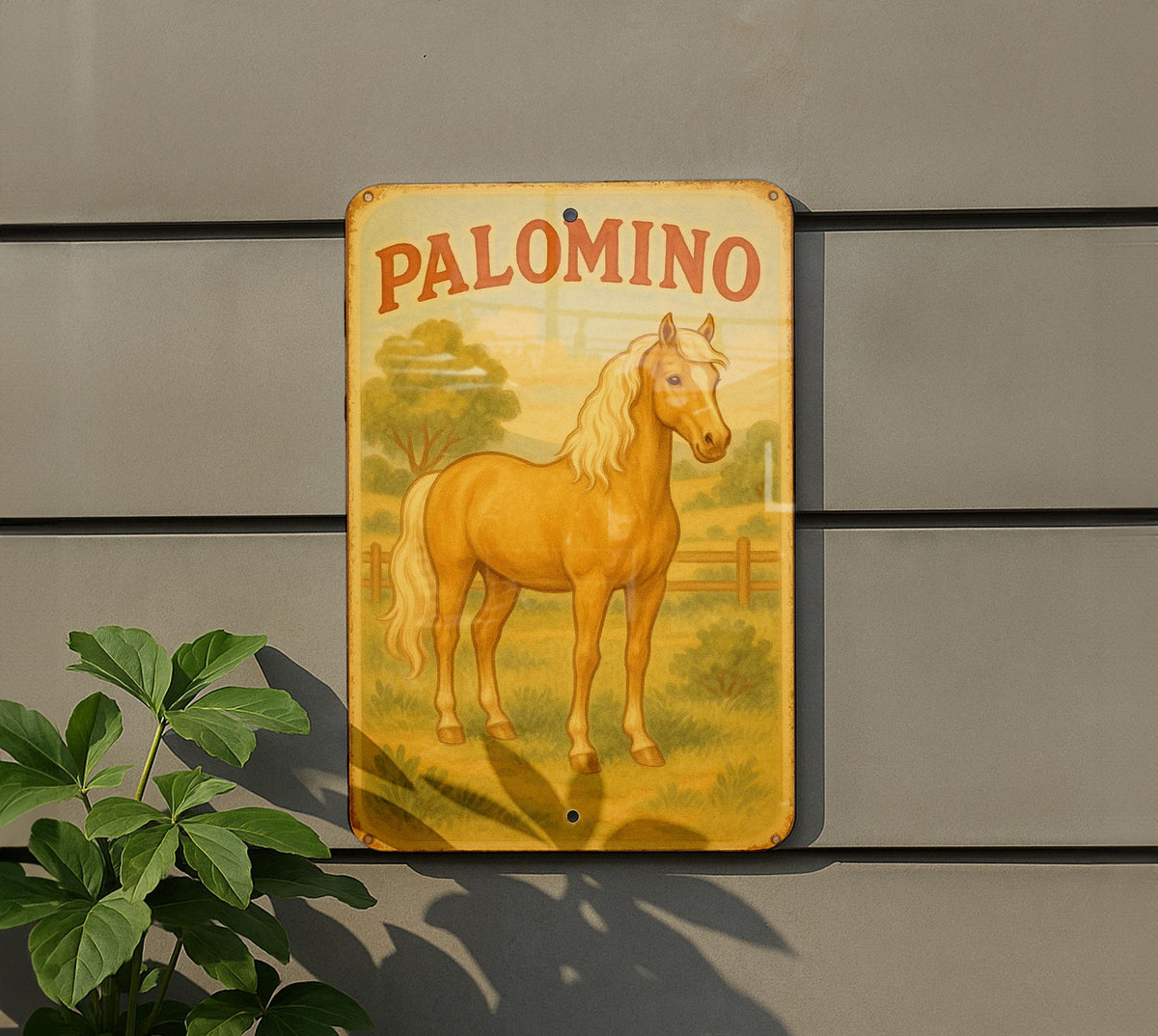 1950s Storybook Palomino Tin Sign – Vintage Pastel Horse Art, Cozy Retro Nursery Decor, Aged Metal Wall Sign — photo 5