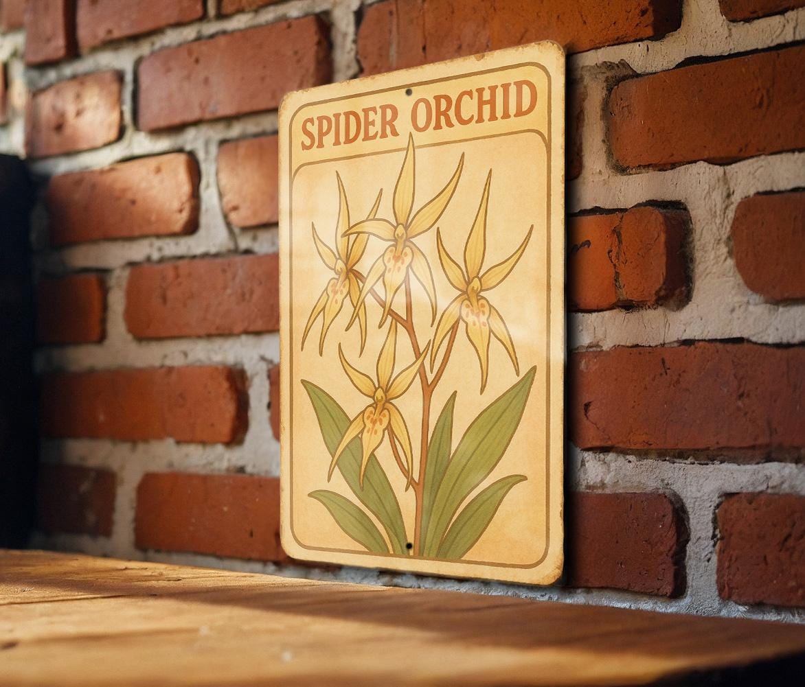 Spider Orchid Tin Sign 1950s Storybook Style Wall Art – Pastel Vintage Metal Decor, Soft Retro Botanical Illustration — photo 1