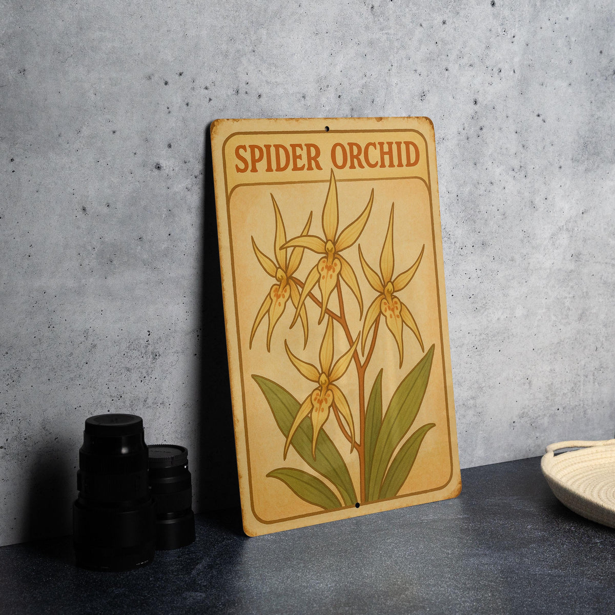 Spider Orchid Tin Sign 1950s Storybook Style Wall Art – Pastel Vintage Metal Decor, Soft Retro Botanical Illustration — photo 2
